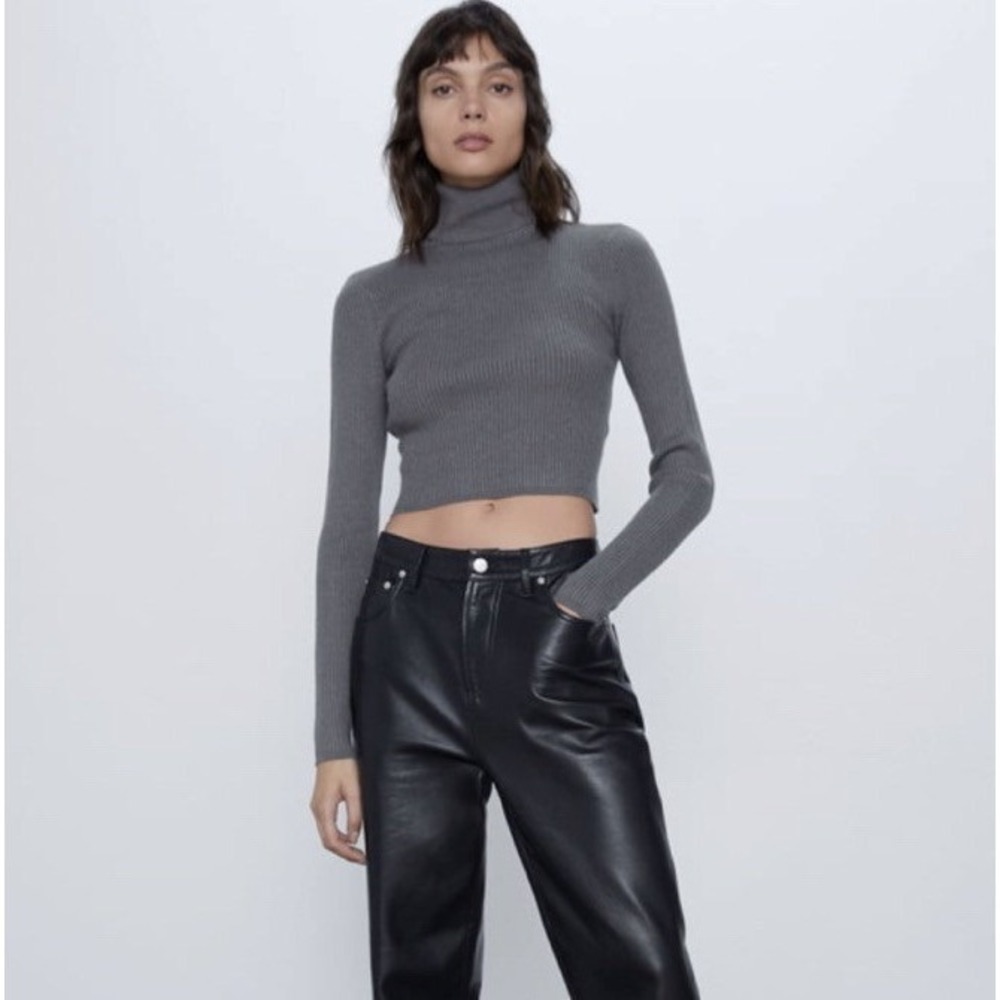 Zara Ribbed Cropped Turtleneck Sweater Charcoal Grey Long Sleeve Knit Top SMALL